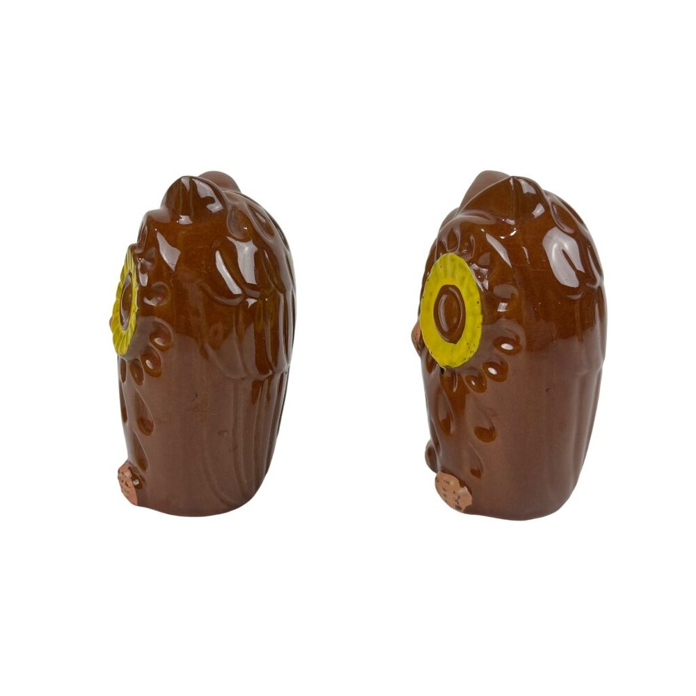 Vintage Owl Salt And Pepper Shakers Set Large Brown Yellow Eyes Ceramic - Picture 4 of 10
